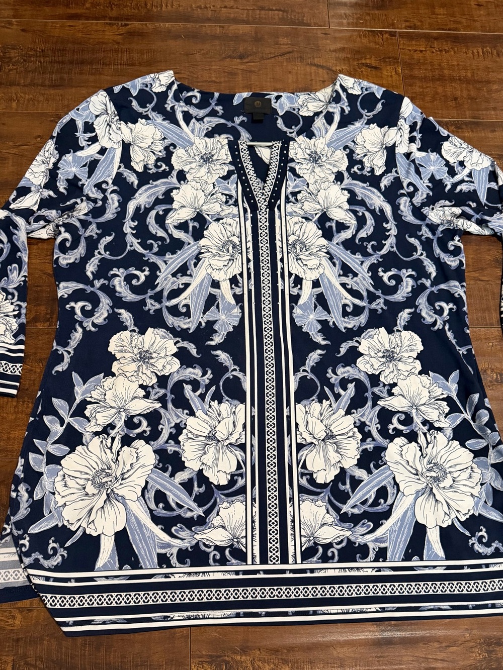 JM Collection Navy and White Floral Border Tunic